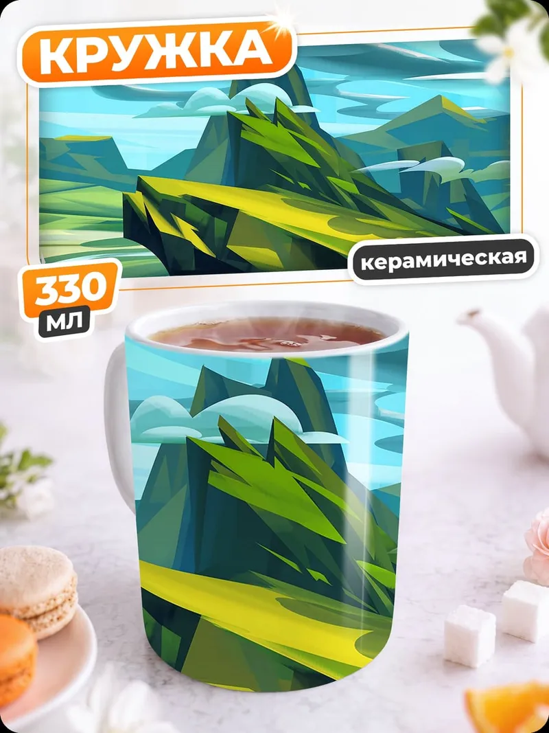 Кружка керамическая зеленые горы и река