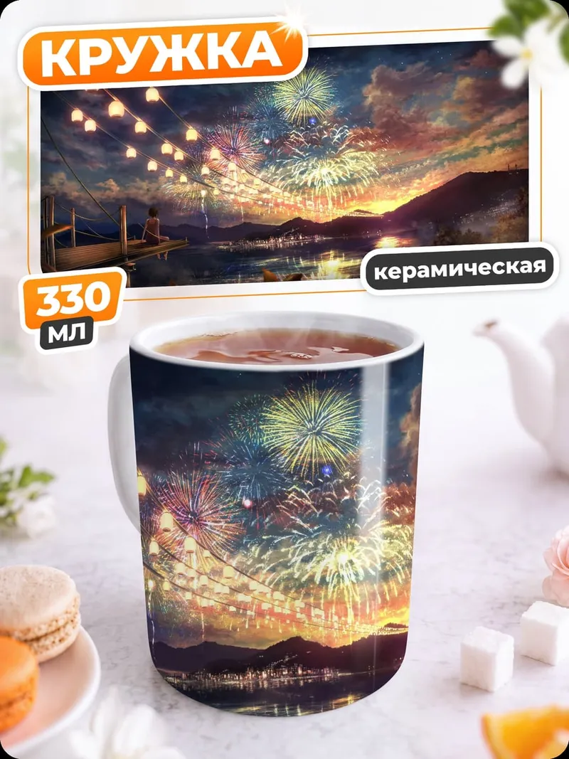 Кружка керамическая Ночной фейерверк над озером