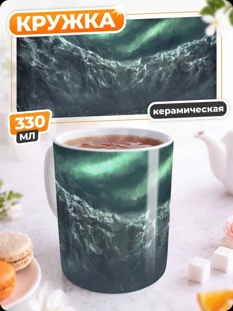 Кружка керамическая Северное сияние над горами