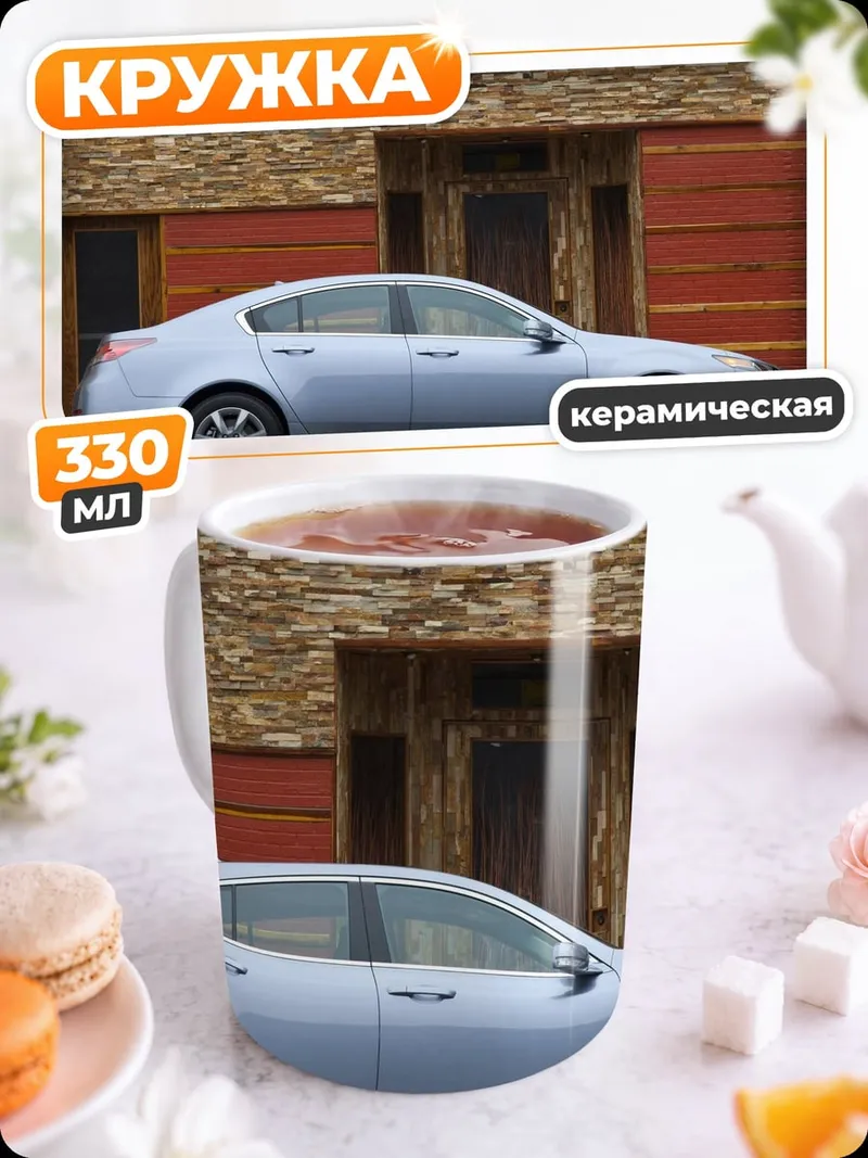 Кружка керамическая Серебристый седан у дома