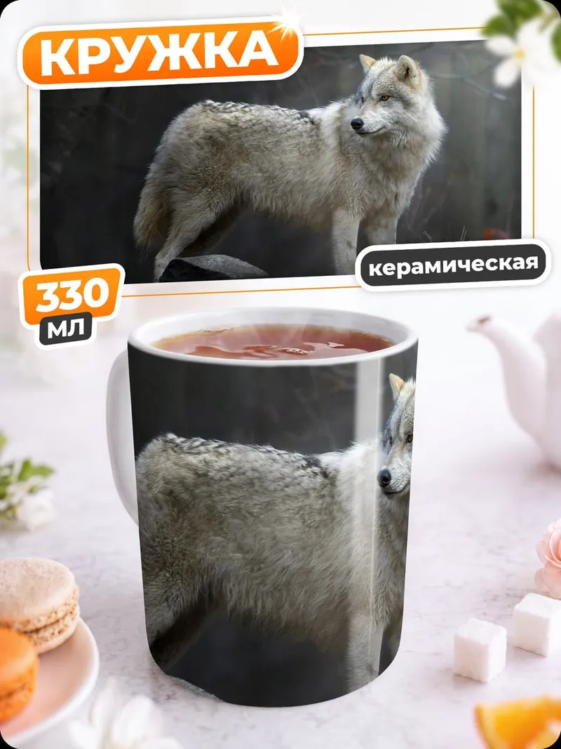 Кружка керамическая Белый волк на камне