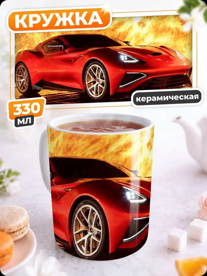Кружка керамическая красный спорткар огонь