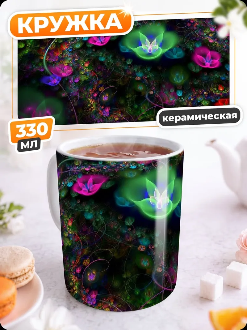 Кружка керамическая Фрактальные цветы яркие