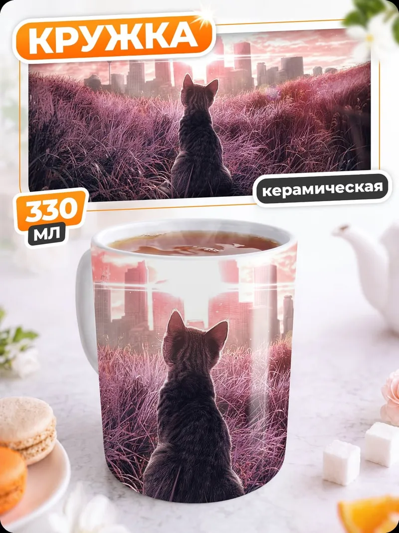 Кружка керамическая кот на закате