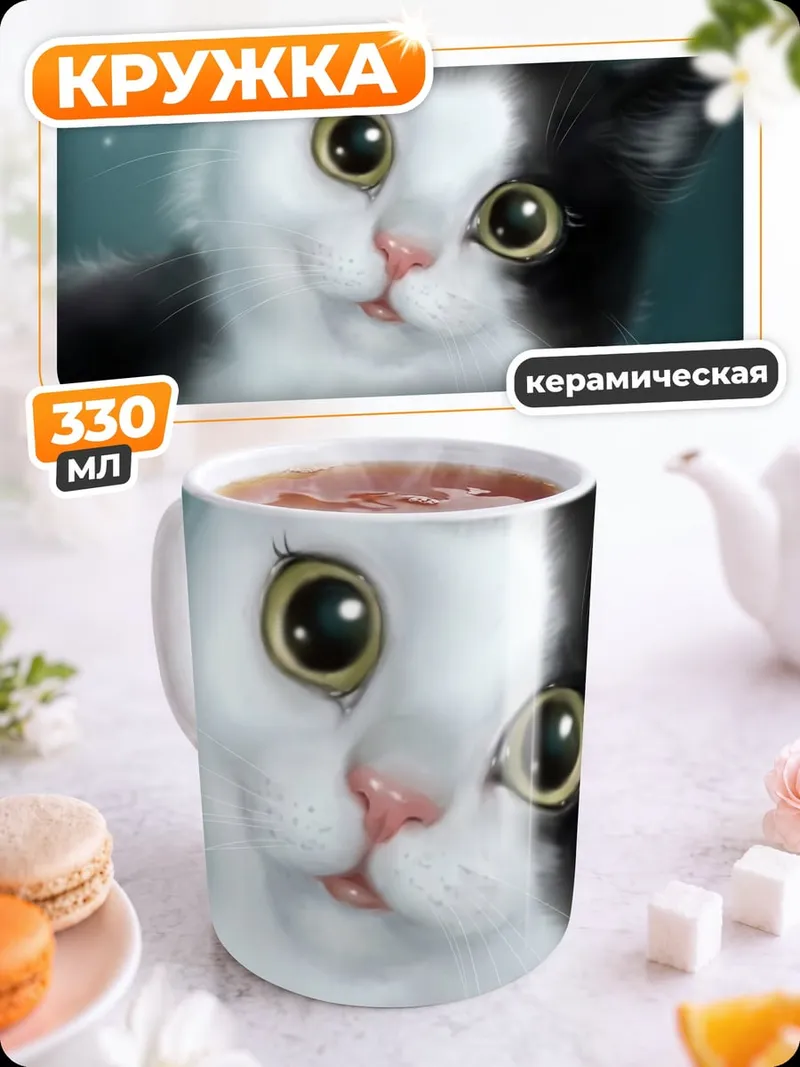 Кружка керамическая черно-белый котенок