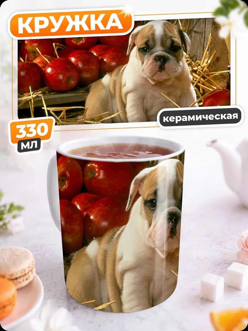 Кружка керамическая Щенок бульдога с яблоками