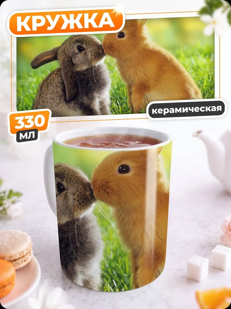 Кружка керамическая Два кролика на траве