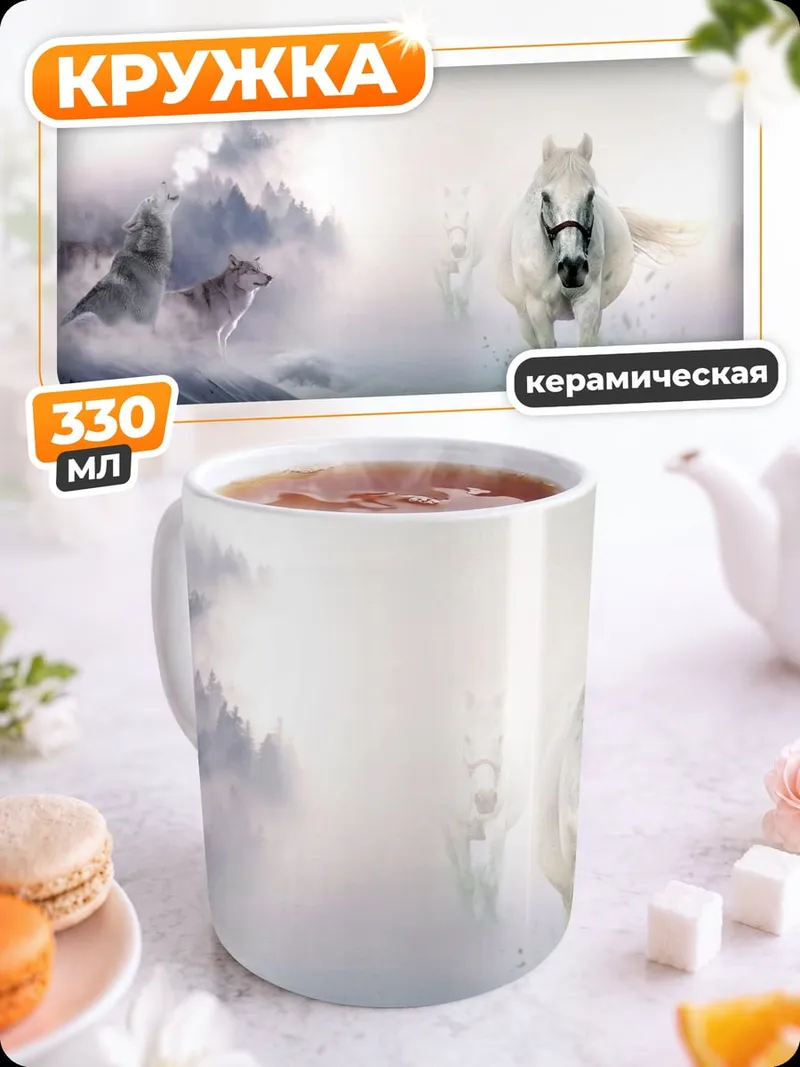 Кружка керамическая Белый конь и волк