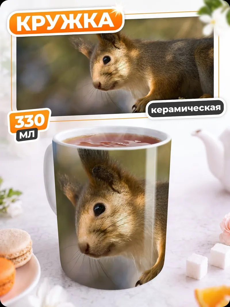 Кружка керамическая Рыжая белка крупным планом