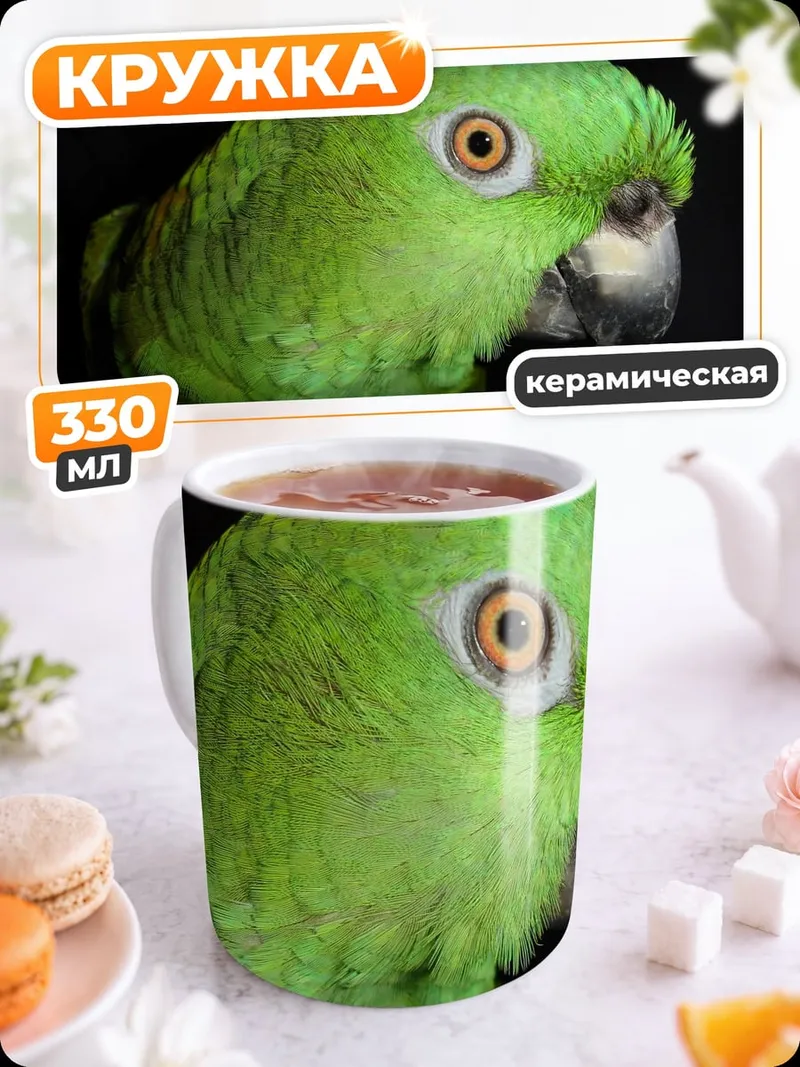 Кружка керамическая Зелёный попугай крупным планом