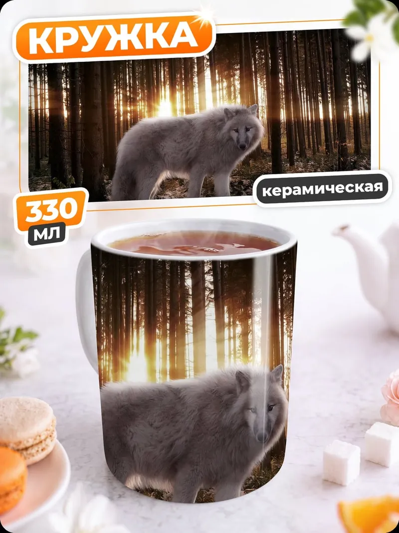 Кружка керамическая Белый волк в лесу
