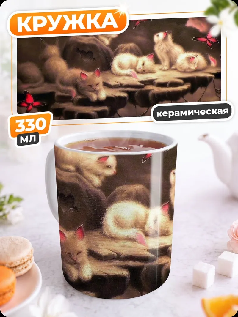 Кружка керамическая Летающие котята бабочки