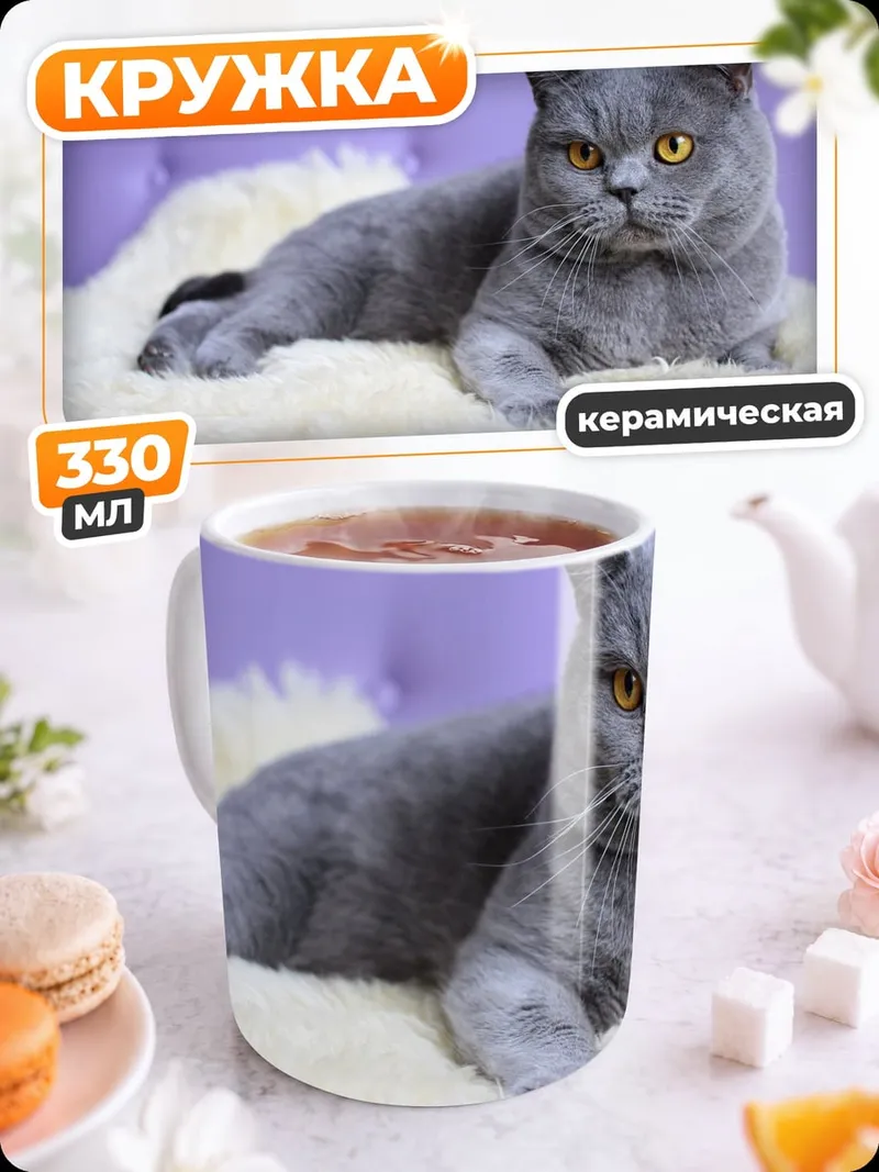 Кружка керамическая серый кот лежит