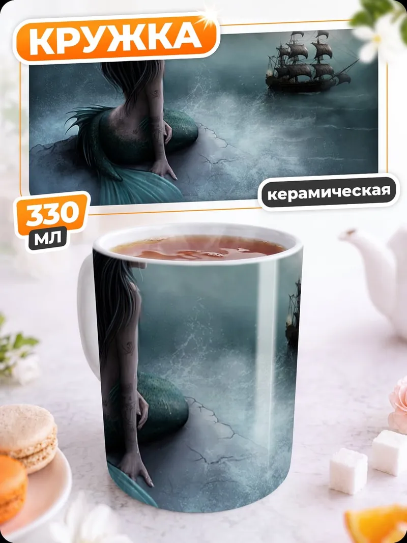 Кружка керамическая Русалка и корабль