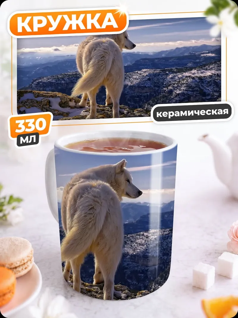 Кружка керамическая Белый волк на горе