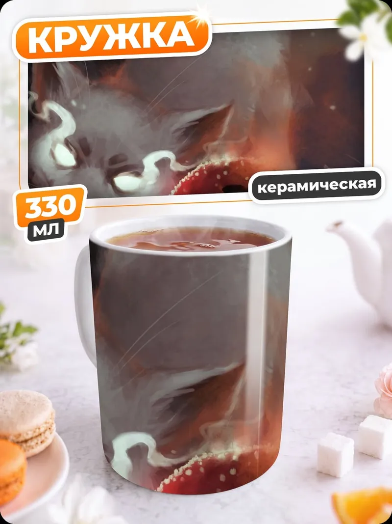 Кружка керамическая Волшебный кот с яблоком