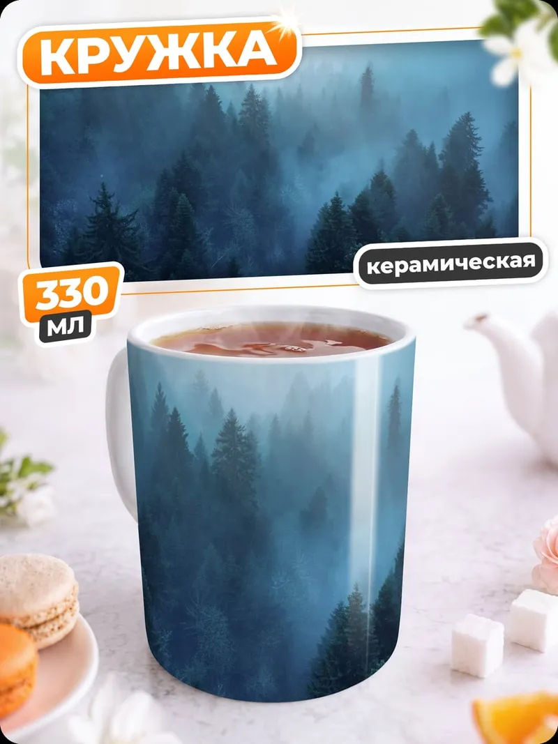 Кружка керамическая Туманный лес на рассвете