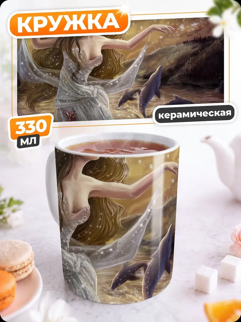 Кружка керамическая Русалка с дельфинами