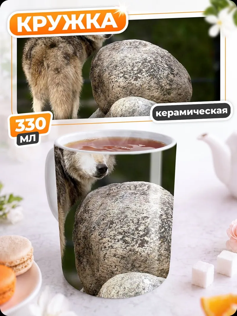 Кружка керамическая Волк на камнях
