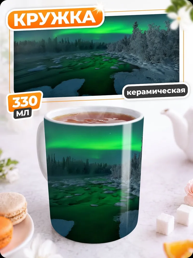 Кружка керамическая Северное сияние над рекой