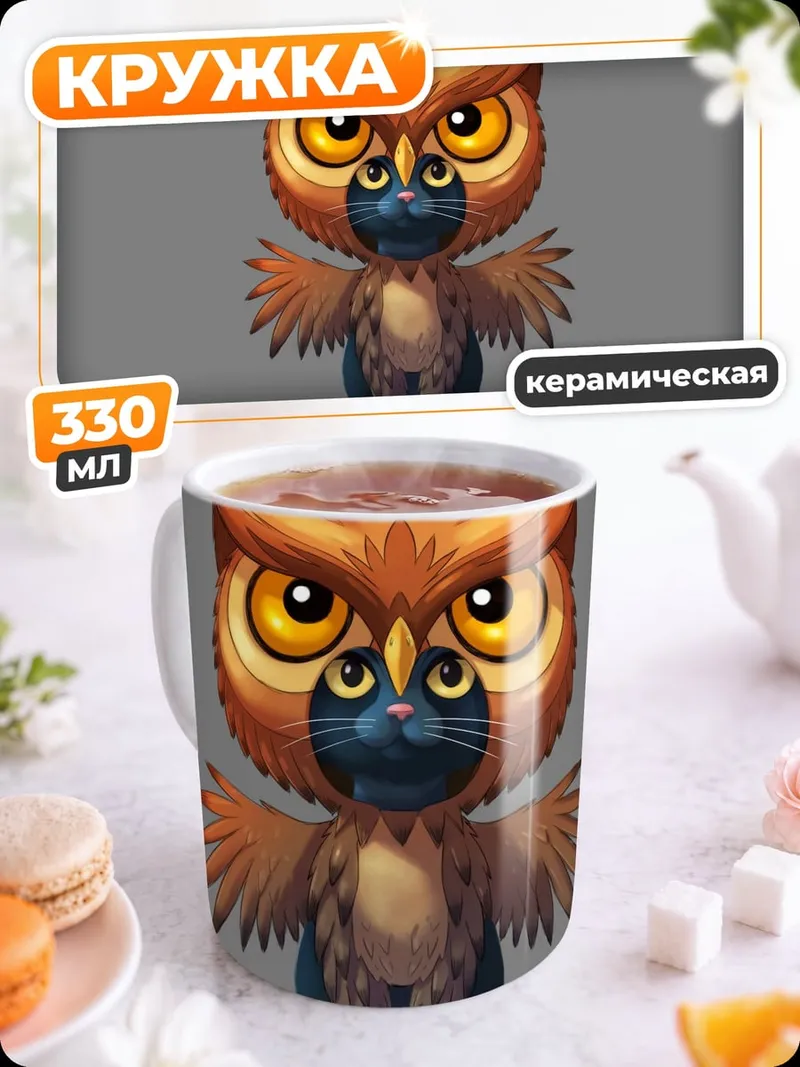 Кружка керамическая Сова и котёнок
