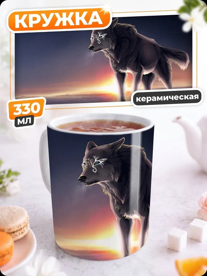 Кружка керамическая Волк на закате