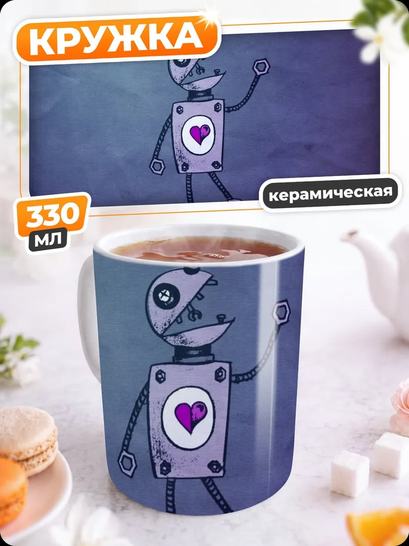 Кружка керамическая Поющий робот с сердцем