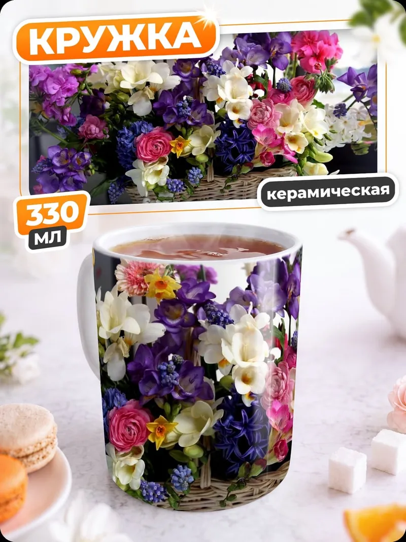 Кружка керамическая корзина цветов