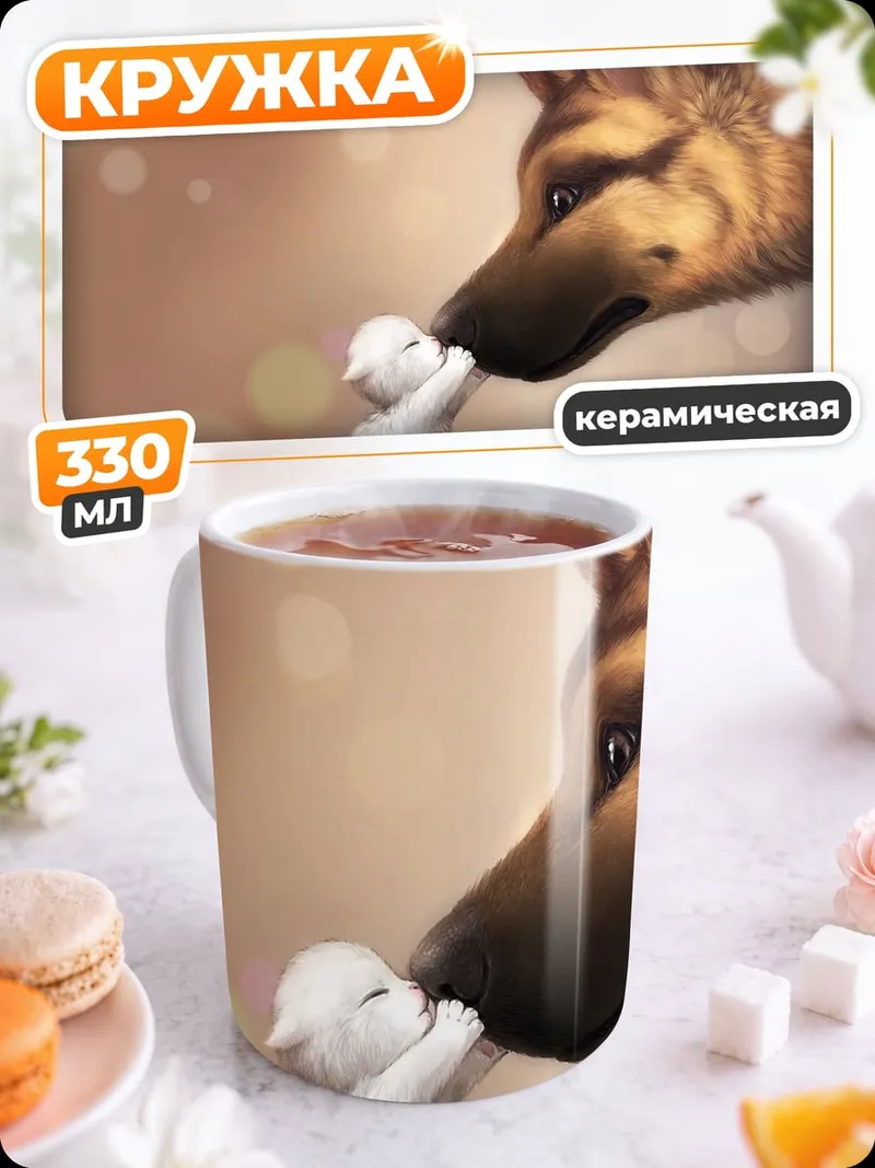 Кружка керамическая немецкая овчарка и котенок