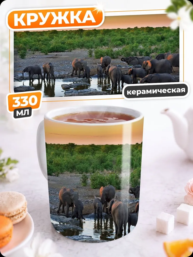 Кружка керамическая Слоны на водопое