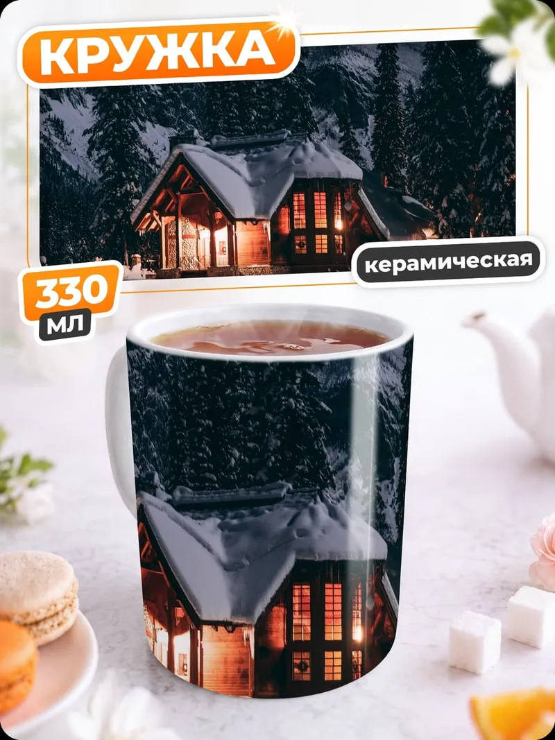 Кружка керамическая Зимний домик в лесу