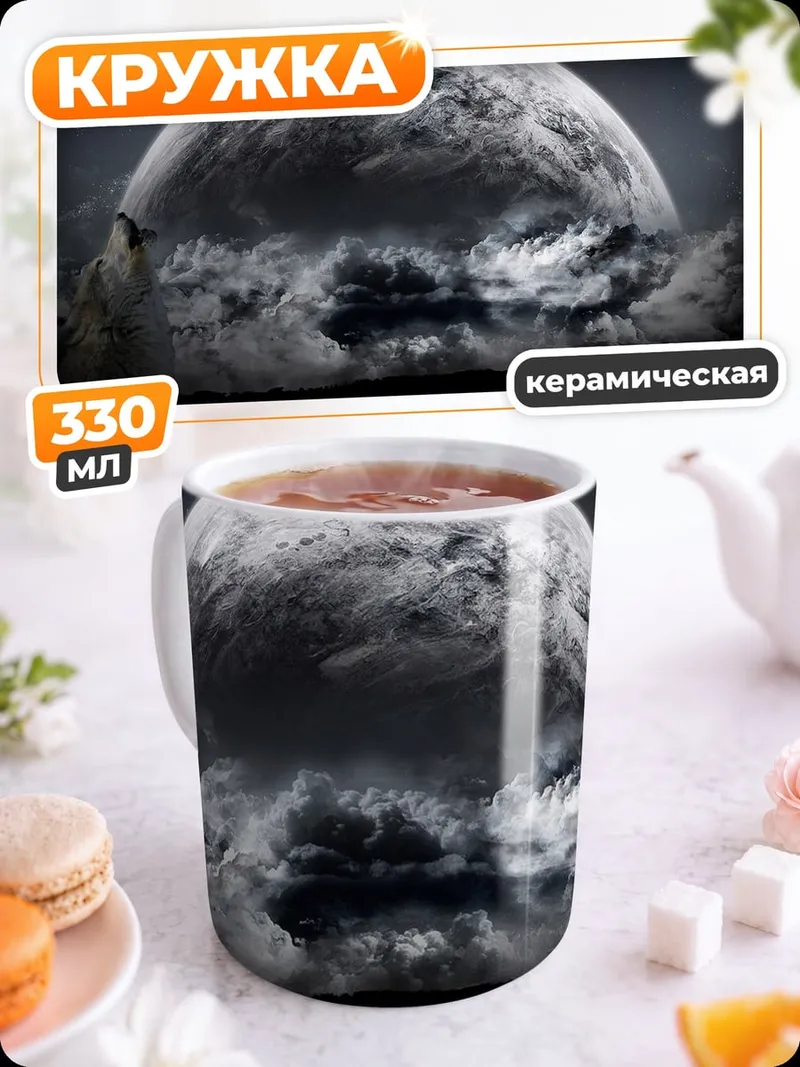 Кружка керамическая волк и луна