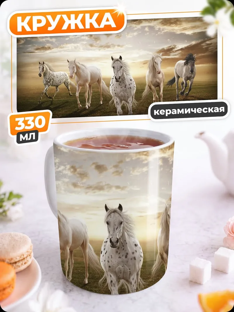 Кружка керамическая Стадо белых лошадей