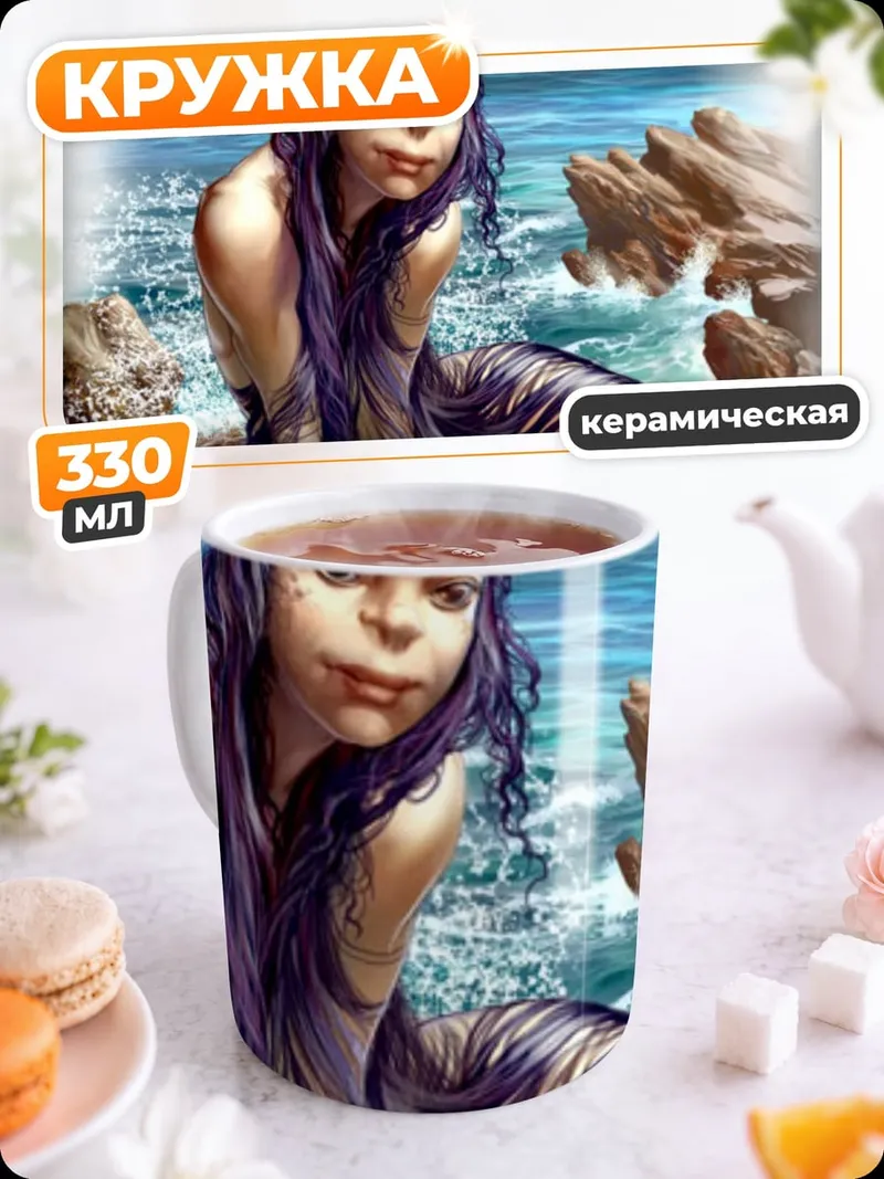 Кружка керамическая Русалка на камнях