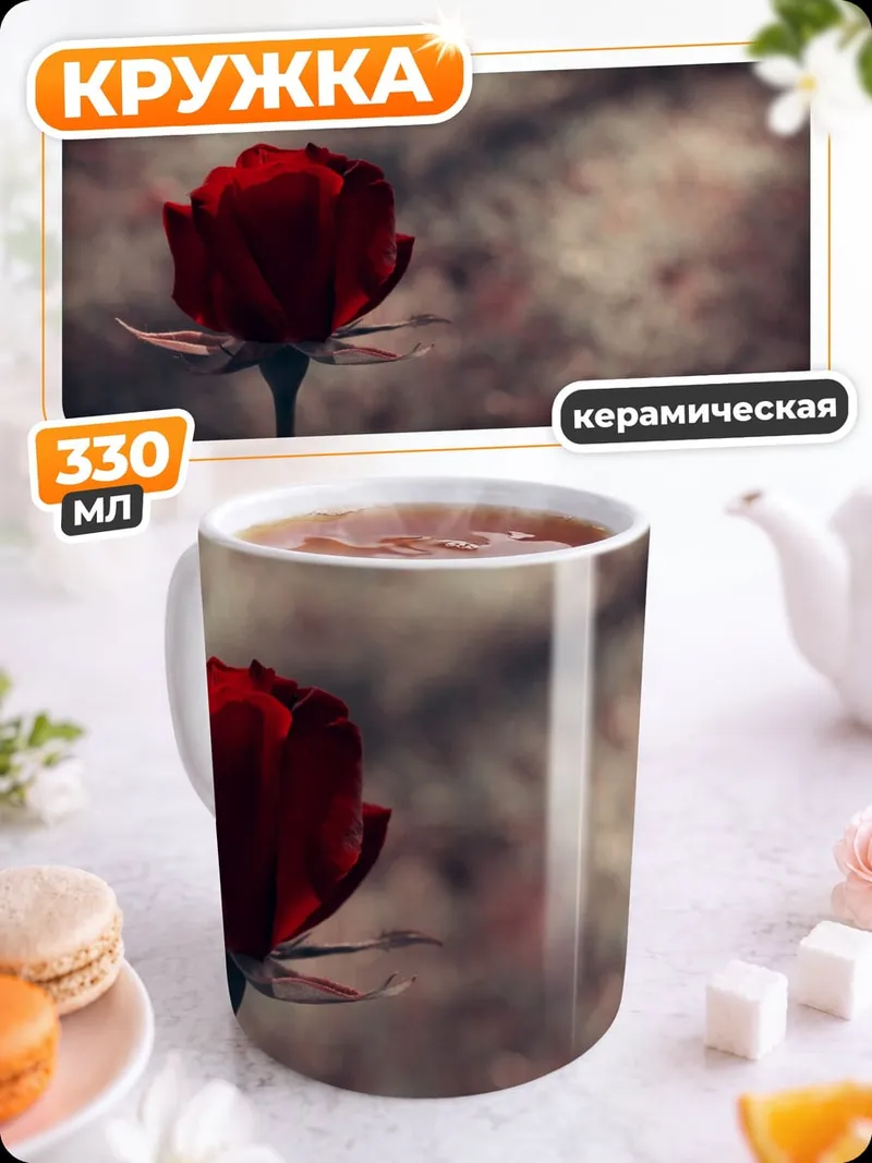 Кружка керамическая красная роза на фоне