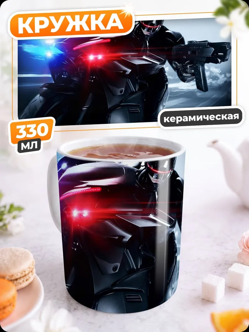 Кружка керамическая Киберполицейский на мотоцикле