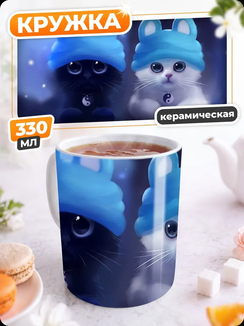Кружка керамическая Черный и белый котята