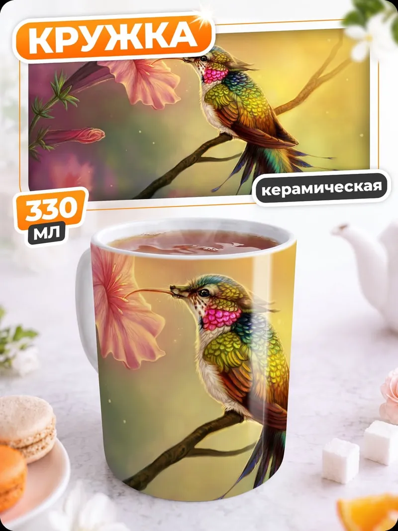 Кружка керамическая Колибри и цветок