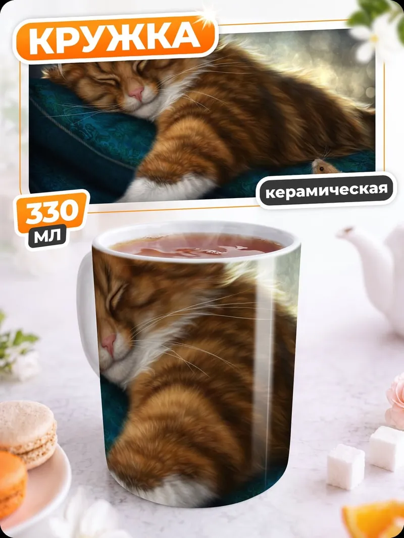 Кружка керамическая Спящий кот и мыши
