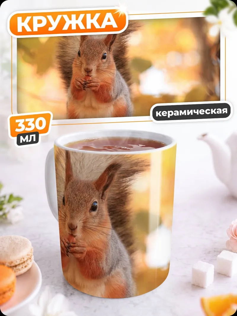 Кружка керамическая Рыжая белка осенью