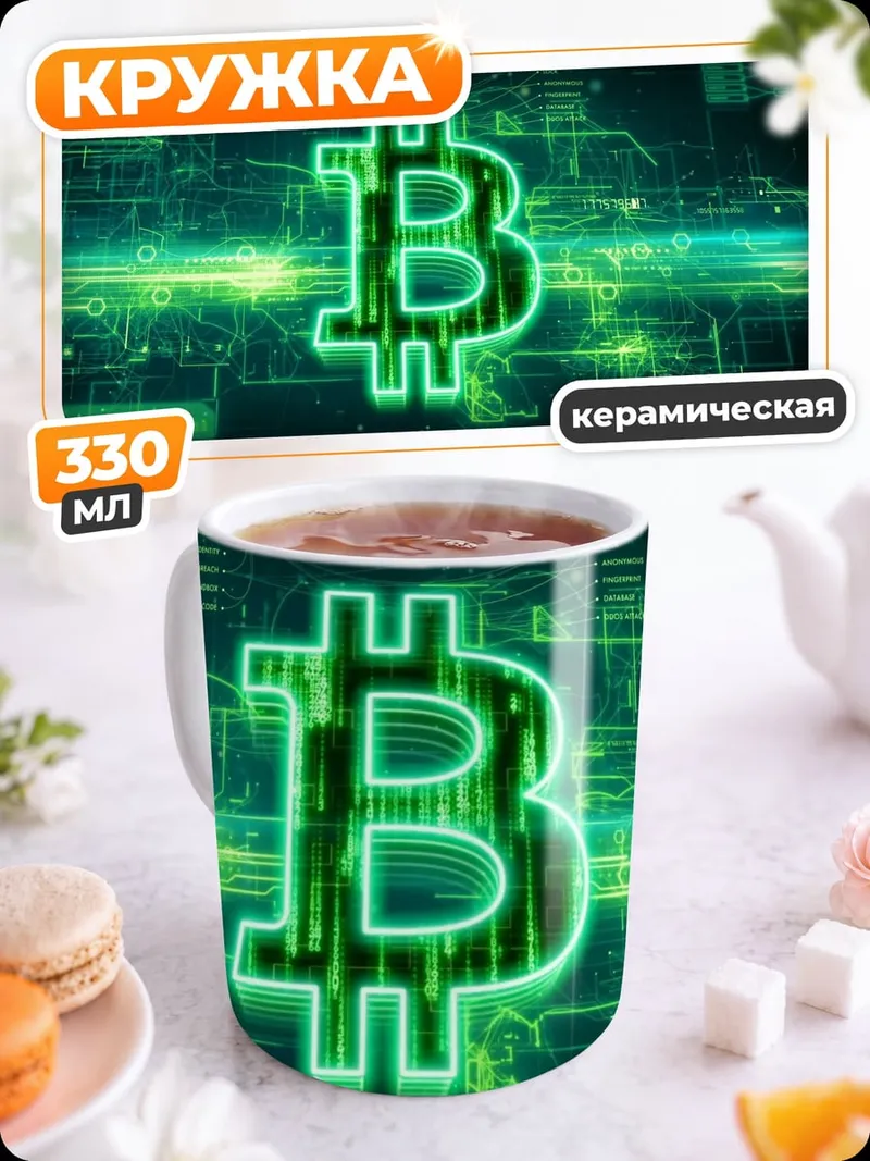 Кружка керамическая Неоновый биткоин символ