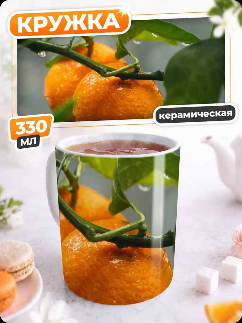 Кружка керамическая мандарины на ветке