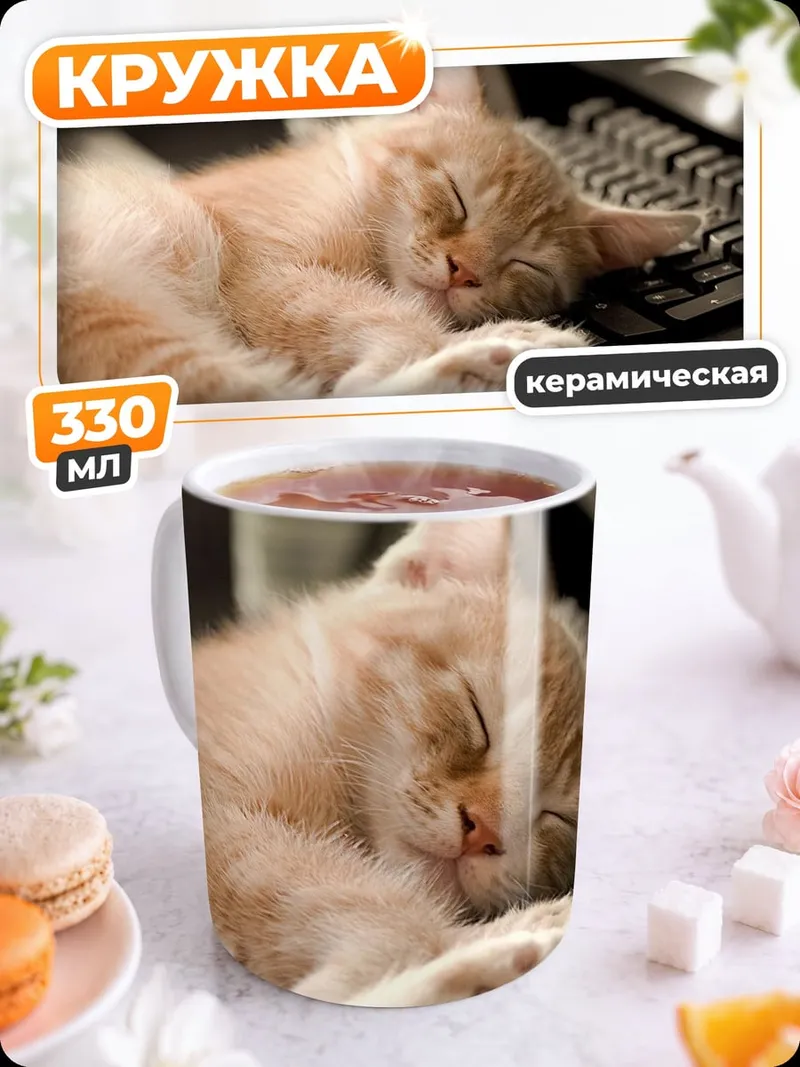 Кружка керамическая спящий кот на клавиатуре