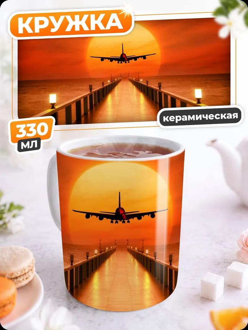 Кружка керамическая самолет на фоне заката