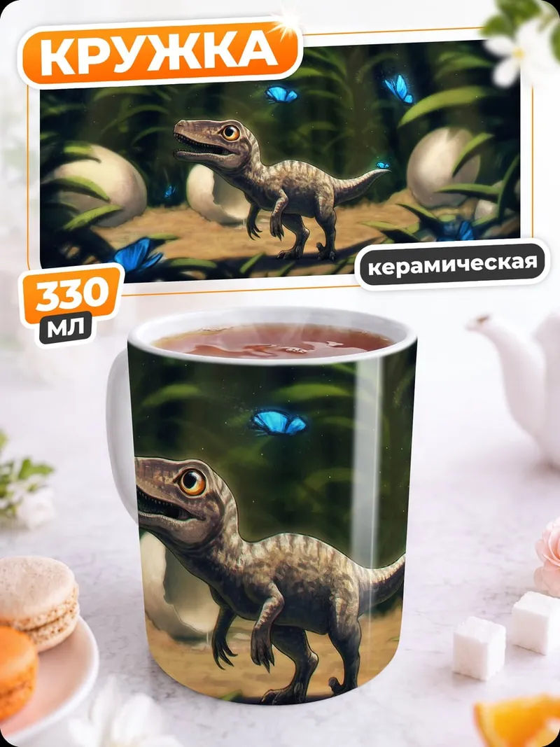 Кружка керамическая детеныш динозавра и бабочки