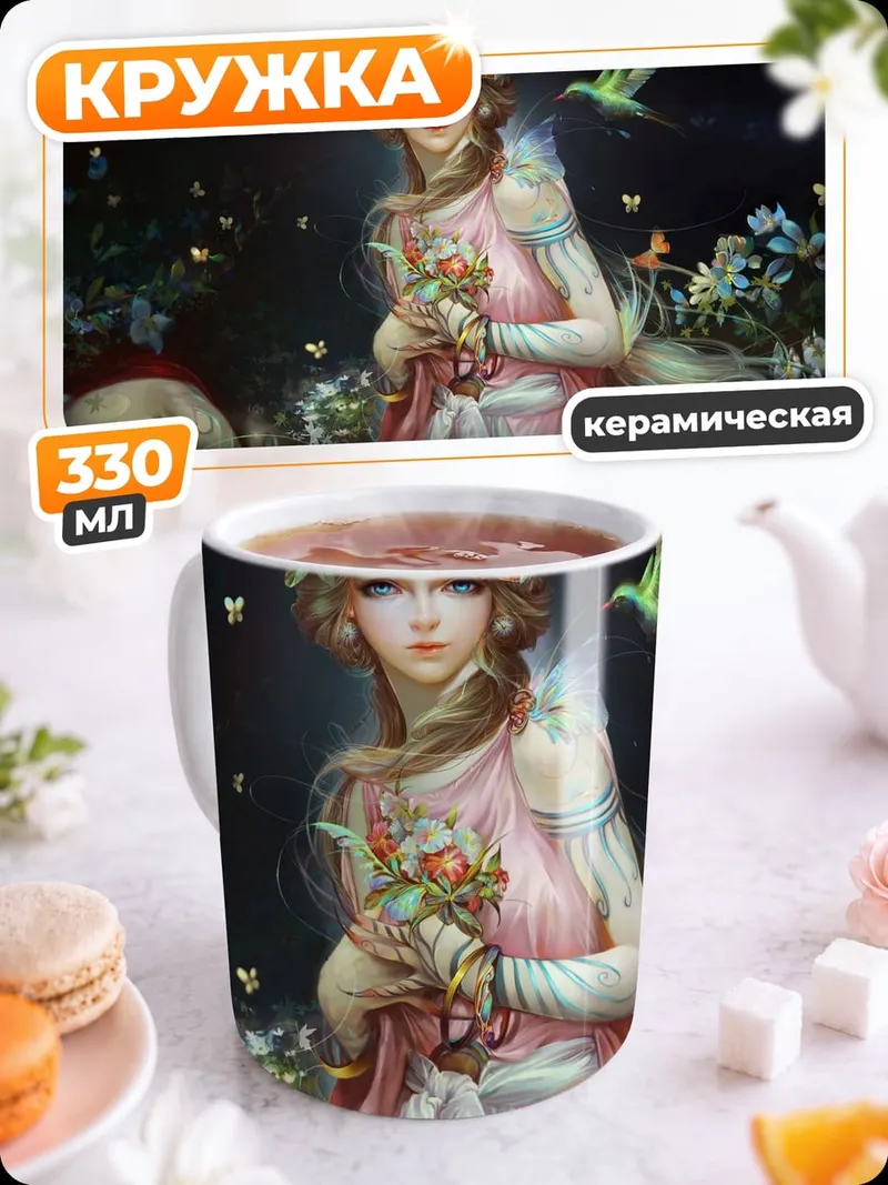 Кружка керамическая Лесная фея с птицей