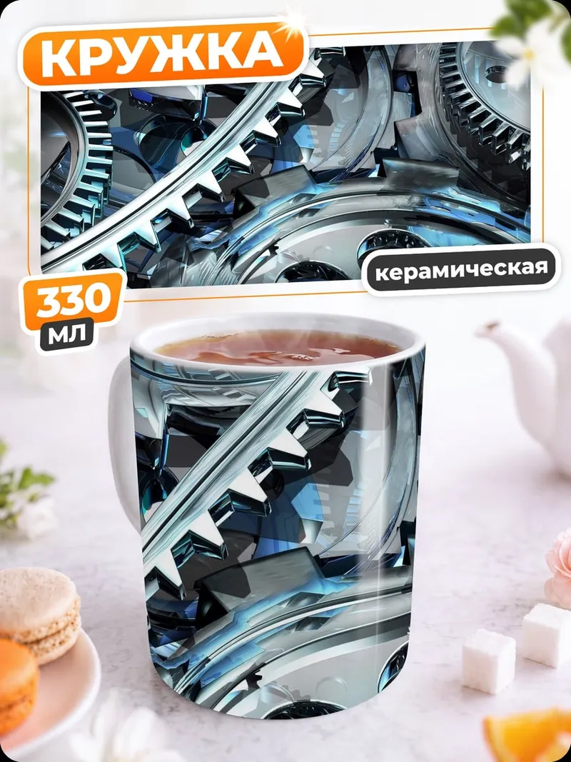 Кружка керамическая Металлические шестерни крупным планом