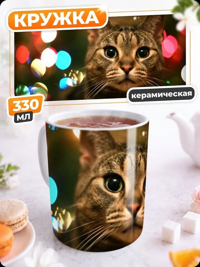 Кружка керамическая кот на фоне огней