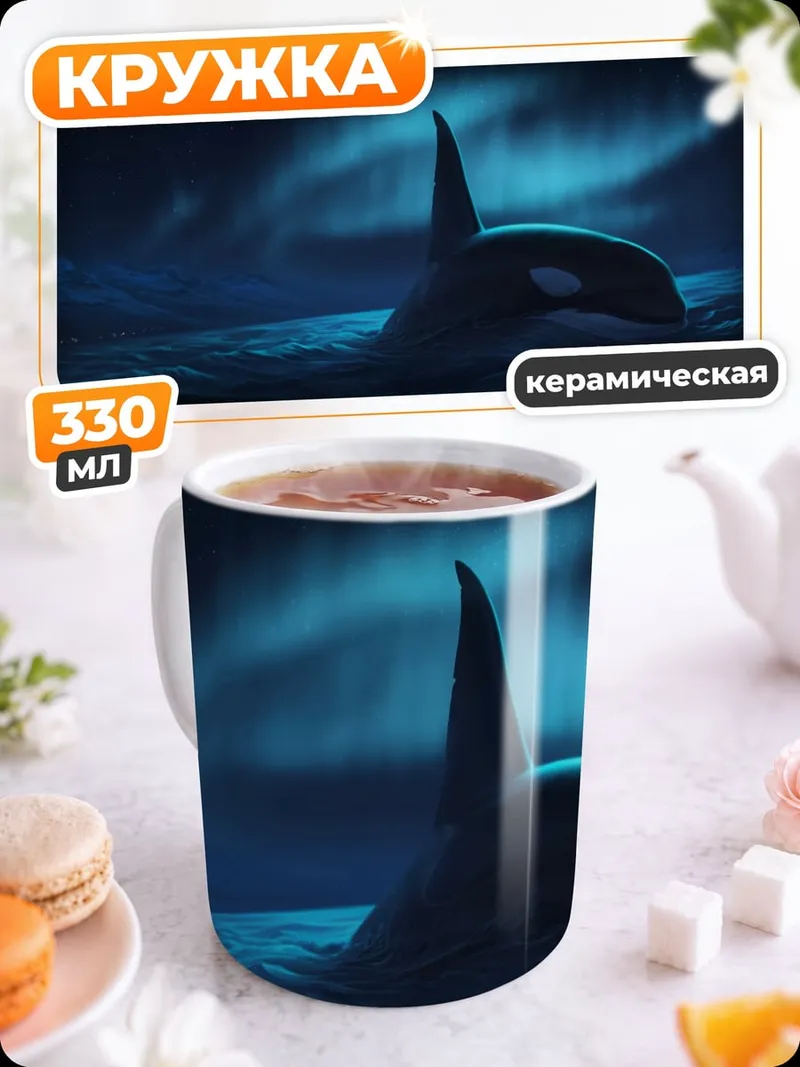 Кружка керамическая косатка под северным сиянием