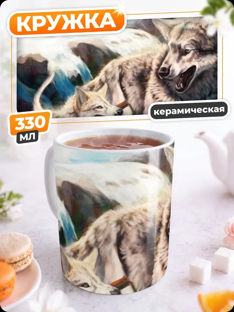 Кружка керамическая Волки у водопада